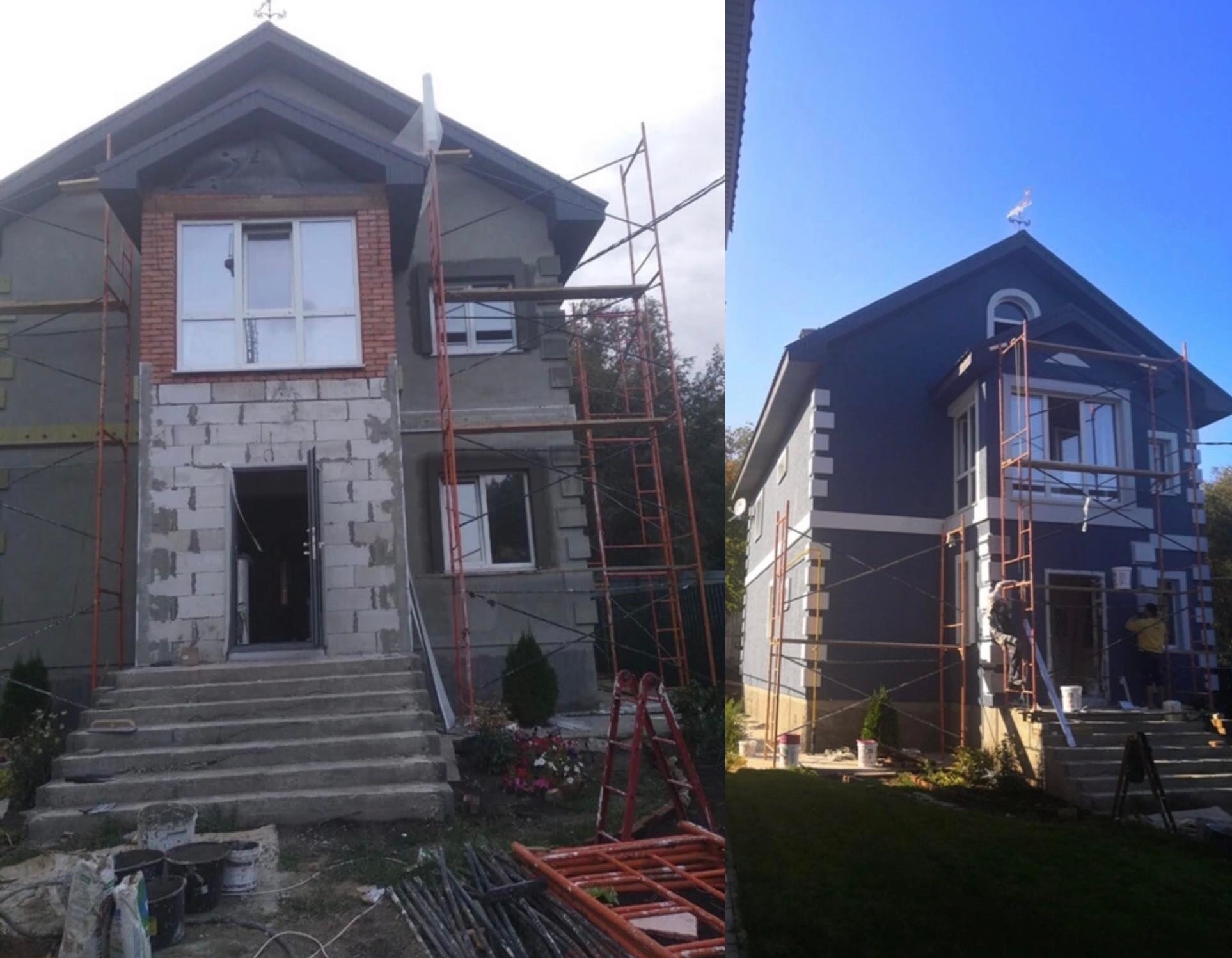 Zdjęcie porównawcze: dom w trakcie prac elewacyjnych (po lewej) i po ich zakończeniu (po prawej), z widocznymi rusztowaniami i elementami wykończeniowymi.