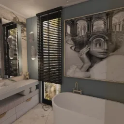 Nowoczesna łazienka z marmurowymi ścianami, prostokątną umywalką nablatową, wolnostojącą wanną i dużym czarno-białym portretem na ścianie.