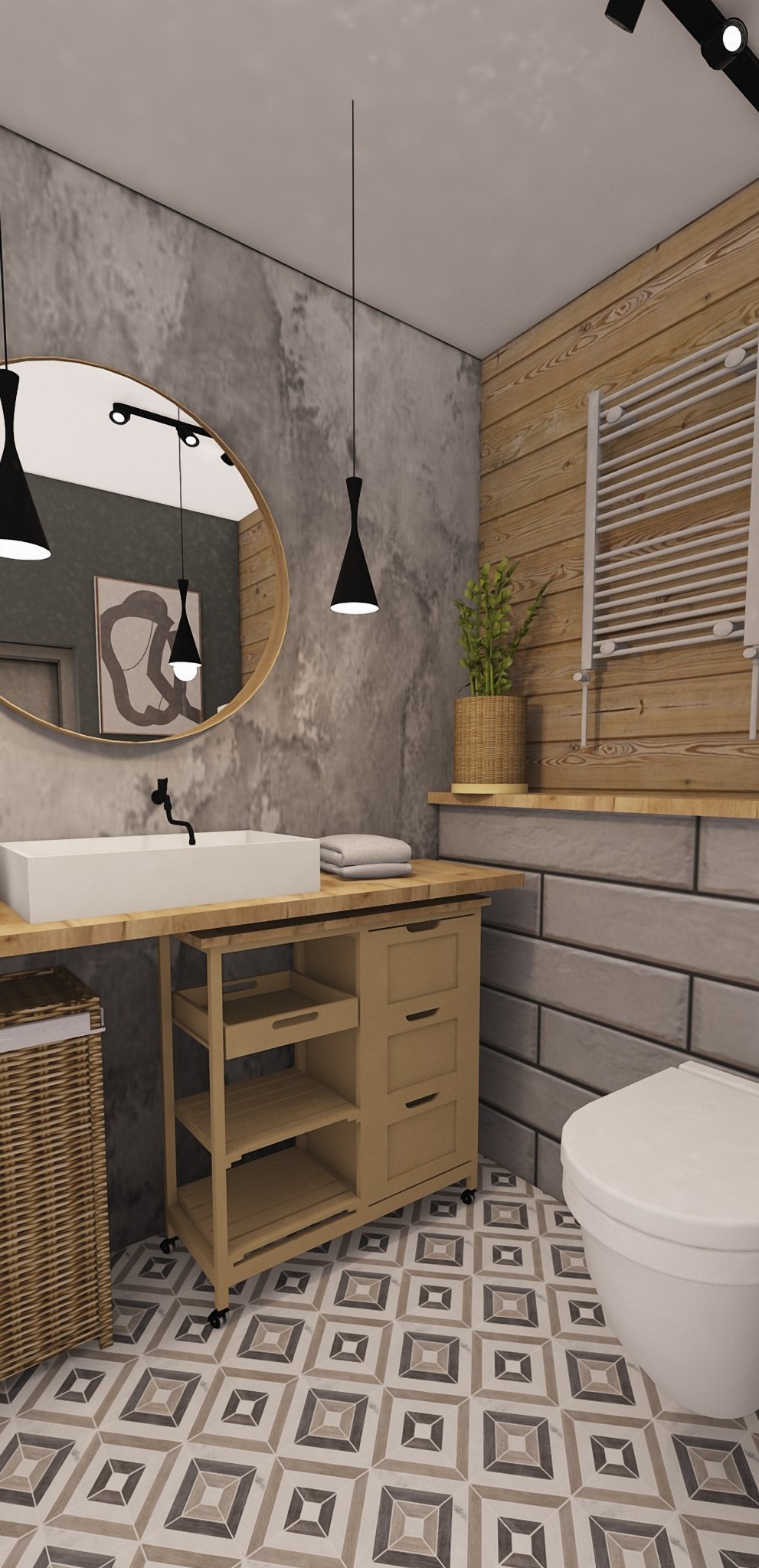 Wizualizacja łazienki z umywalką nablatową, szafką z półkami i szufladami na kółkach, okrągłym lustrem z drewnianą ramą, wiszącymi lampami w kształcie stożków, drewnianą ścianą z grzejnikiem...