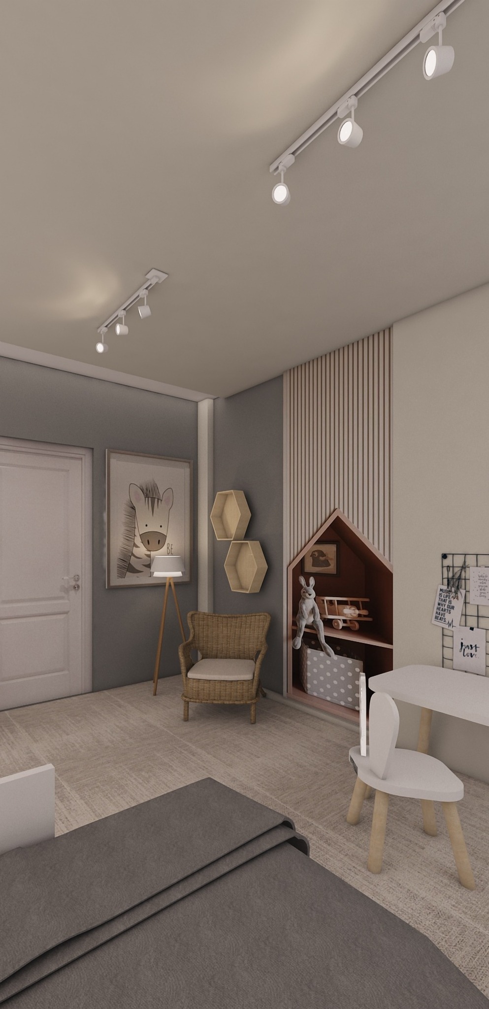 Wizualizacja pokoju dziecięcego z łóżkiem, biurkiem, krzesłem, regałem w kształcie domku, wiklinowym fotelem i lampą podłogową z motywem zebry na ścianie, oświetlonego reflektorami sufitowymi.