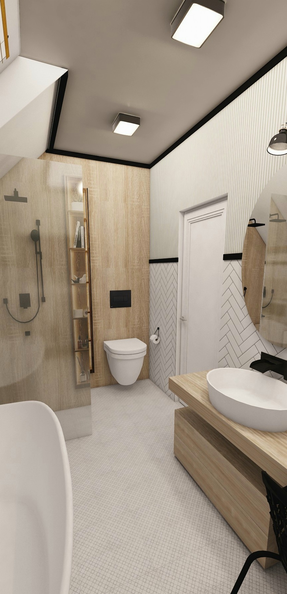 Wizualizacja nowoczesnej łazienki z drewnianymi akcentami, owalną umywalką nablatową i kabiną prysznicową typu walk-in, oświetlonej lampami sufitowymi.