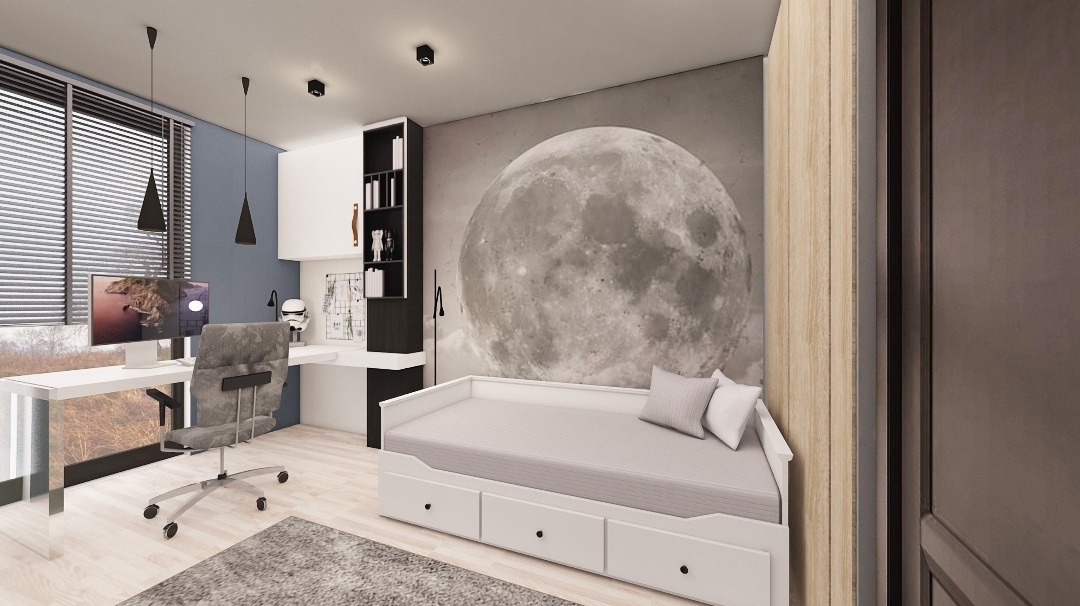 Pokój młodzieżowy z biurkiem, krzesłem, łóżkiem z szufladami i tapetą z motywem księżyca, oświetlony wiszącymi lampami stożkowymi.