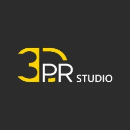 Logo firmy 3PR Studio z cyfrą 3 w kolorze żółtym i napisem PR Studio w kolorze białym na ciemnoszarym tle.