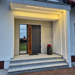 Nowoczesne wejście do domu z szarymi schodami granitowymi, ciemnymi drzwiami z drewnianym akcentem i oświetleniem LED wzdłuż elewacji, uzupełnione czarną donicą z czerwoną rośliną.