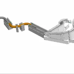 Wizualizacja 3D systemu transportu materiałów z elementami automatyki, rurociągami i korytami, wyświetlana w oprogramowaniu CAD.