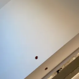 Niedokończona instalacja sufitu podwieszanego z widocznymi otworami na oświetlenie punktowe i odsłoniętą konstrukcją nośną