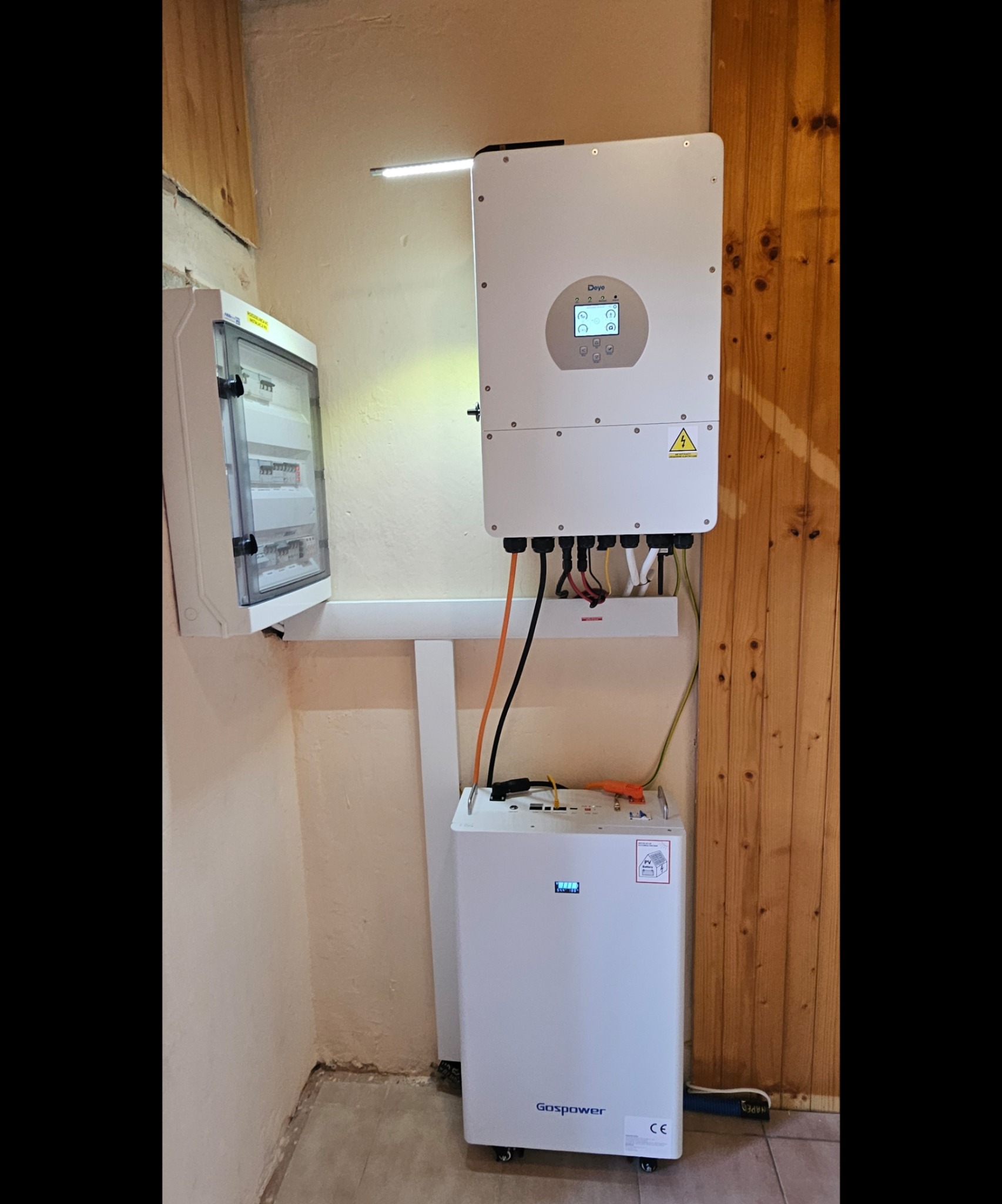 Biała bateria magazynu energii, inwerter solarny Deye i skrzynka bezpiecznikowa zamontowane na ścianie w pomieszczeniu z drewnianą boazerią.