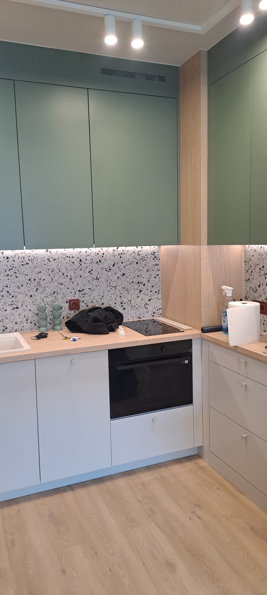 Nowoczesna kuchnia z zielonymi szafkami, blatem z lastryko i białymi frontami. Widoczna płyta indukcyjna i piekarnik. Oświetlenie punktowe.