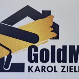 Logo firmy GoldMal Karol Zieliński z motywem malarskim: czarny kontur domu i wałek malarski rozprowadzający złotą farbę.