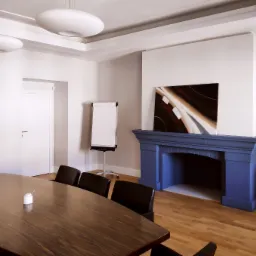 Sala konferencyjna z dużym drewnianym stołem, telewizorem, flipchartem i ozdobnym kominkiem pomalowanym na niebiesko.