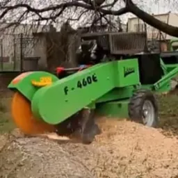 Zielona frezarka do pni drzew F-460E w trakcie pracy, wióry drewniane wokół pnia, operator w roboczym ubraniu, widoczne zabudowania w tle.