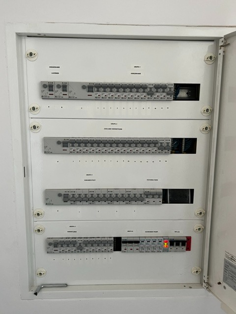 Otwarta, biała skrzynka rozdzielcza z wyłącznikami różnicowoprądowymi i bezpiecznikami, oznaczona opisami grup obwodów, zamontowana na białej ścianie.