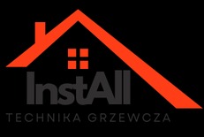 Logo firmy InstalAll Technika Grzewcza na czarnym tle. Czerwony obrys domu z oknami, pod nim szary napis 'InstAll' i 'TECHNIKA GRZEWCZA'.