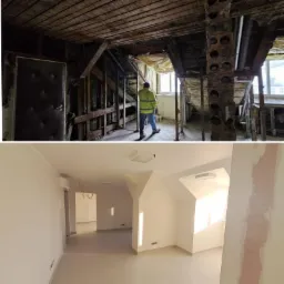 Porównanie stanu poddasza przed i po remoncie: surowe drewno i instalacje kontra wykończone, jasne wnętrze z gładkimi ścianami i nowym oświetleniem.