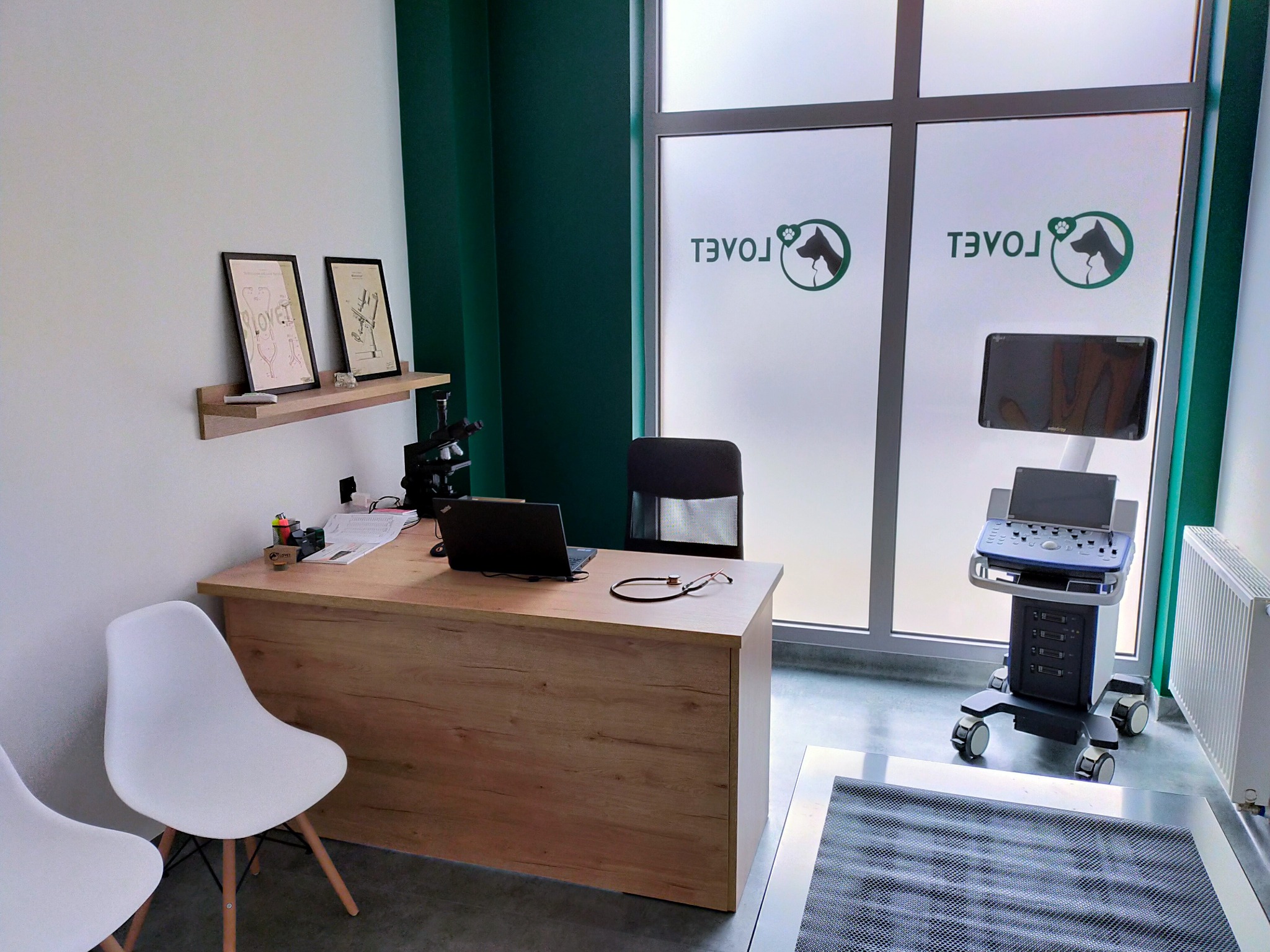 Jasne wnętrze gabinetu lekarskiego z biurkiem, laptopem, stetoskopem, ultrasonografem i dekoracjami ściennymi w ramkach.