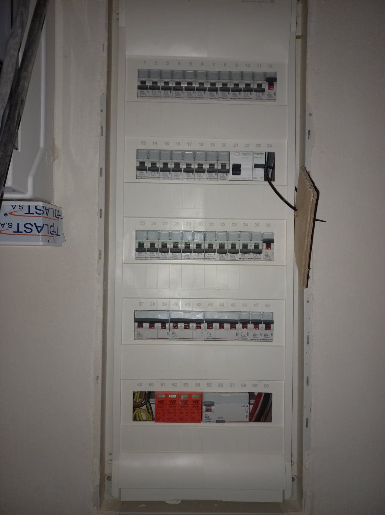 Rozdzielnica elektryczna z bezpiecznikami i wyłącznikami różnicowoprądowymi, zamontowana w surowej wnęce ściany, widoczne przewody w dolnej części.