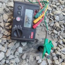 Cyfrowy miernik rezystancji uziemienia Uni-T UT521 z podłączonymi przewodami pomiarowymi (czerwony, żółty, zielony) i zielonym zaciskiem krokodylkowym na tle szarego żwiru, wskazujący odczyt 0.72 Ω.