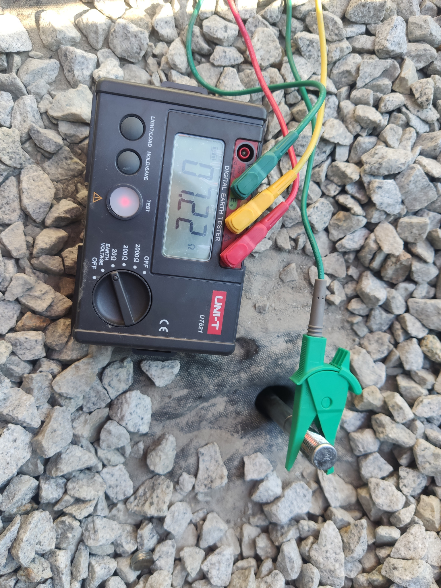 Cyfrowy miernik rezystancji uziemienia Uni-T UT521 z podłączonymi przewodami pomiarowymi (czerwony, żółty, zielony) i zielonym zaciskiem krokodylkowym na tle szarego żwiru, wskazujący odczyt 0.72 Ω.