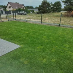 Widok na świeżo założony trawnik z rolki, ogrodzony siatką, z widocznym fragmentem tarasu kompozytowego i domem w tle, w pochmurny dzień.