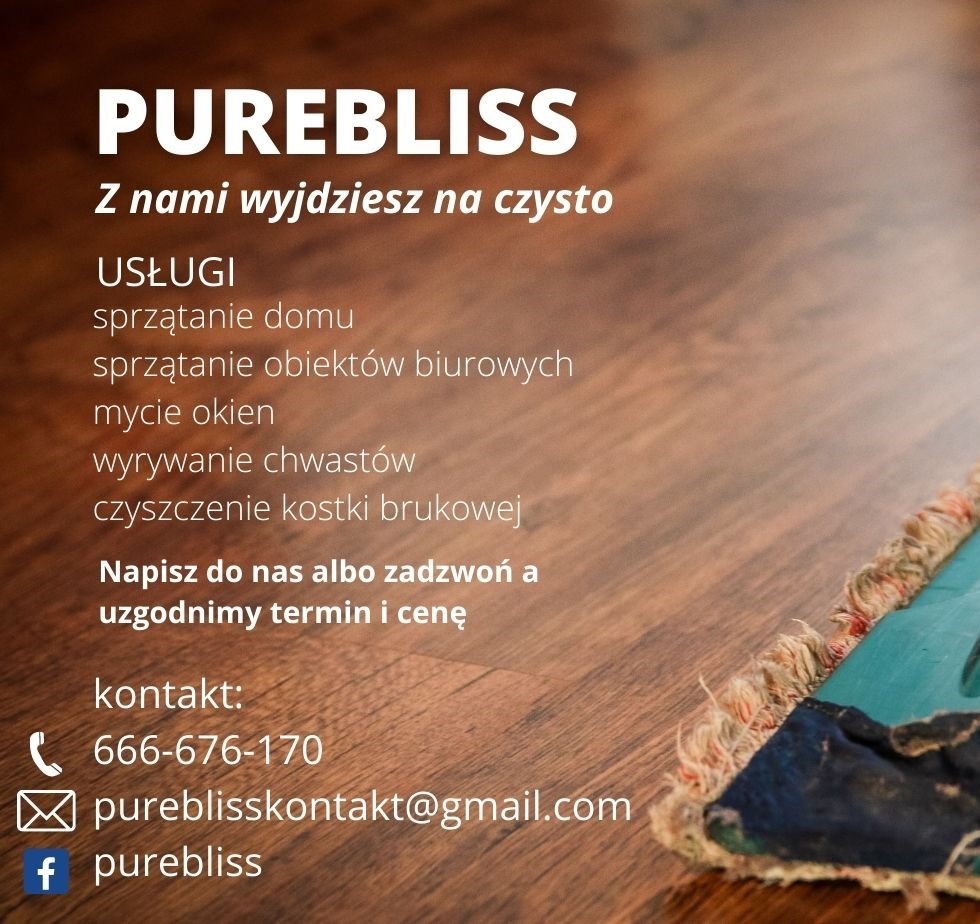 Reklama firmy sprzątającej Purebliss z listą usług: sprzątanie domu, biur, mycie okien, wyrywanie chwastów, czyszczenie kostki brukowej oraz danymi kontaktowymi na tle drewnianej podłogi i mopa.