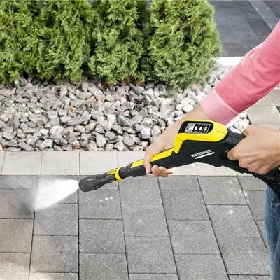 Czyszczenie kostki brukowej myjką ciśnieniową Kärcher z dyszą punktową, widoczny strumień wody i fragment zadbanego ogrodu z krzewami.