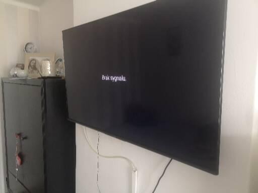 Telewizor LCD zamontowany na ścianie wyświetla komunikat 'Brak sygnału', widoczne przewody, obok szafka z dekoracjami.