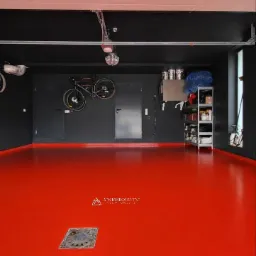 Gładka, czerwona posadzka w garażu z czarnymi ścianami, rowerem wiszącym na ścianie i metalową kratką odpływową w podłodze.