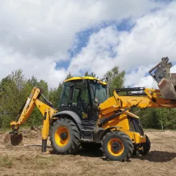 Żółto-szara koparko-ładowarka JCB na placu budowy, z podniesioną łyżką i wysuniętym ramieniem kopiącym, na tle ziemi i drzew pod błękitnym niebem z chmurami.