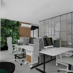 Wizualizacja nowoczesnego biura z biurkami, krzesłami obrotowymi w kolorze pistacjowym, ścianą z roślin, oświetleniem punktowym i ażurową ścianką działową.