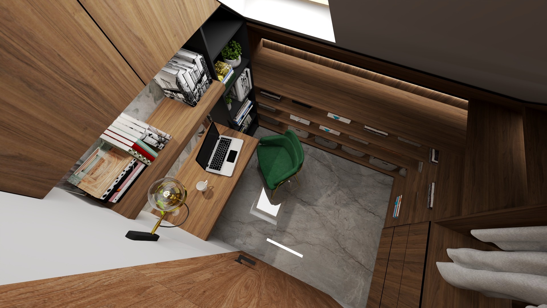 Wizualizacja biura domowego z drewnianymi meblami, zielonym krzesłem i marmurową podłogą, widok z góry.
