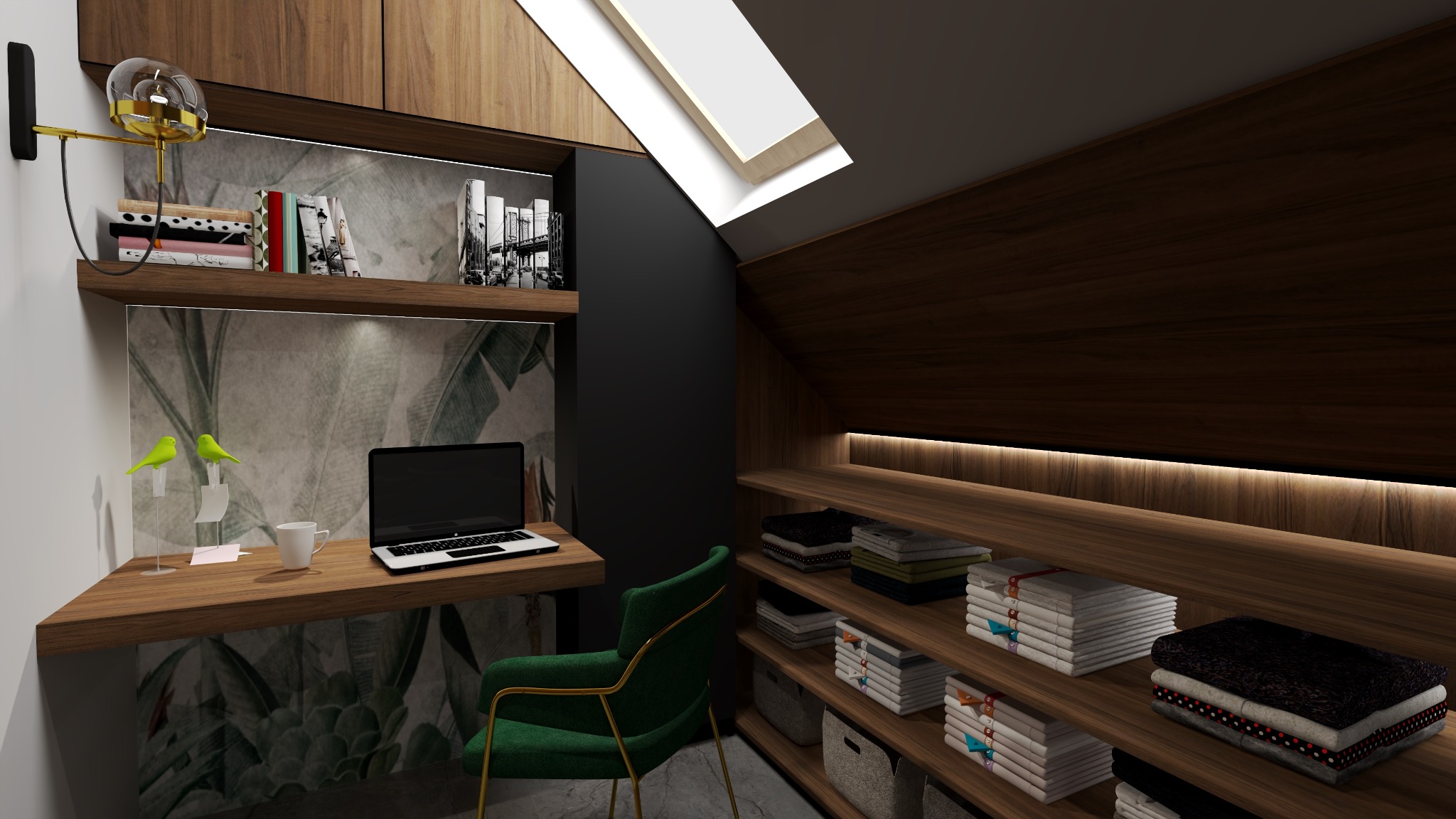 Podświetlone poddasze ze skośnym oknem dachowym, biurkiem z laptopem i zielonym krzesłem, półki z ubraniami oraz tapeta w liście.