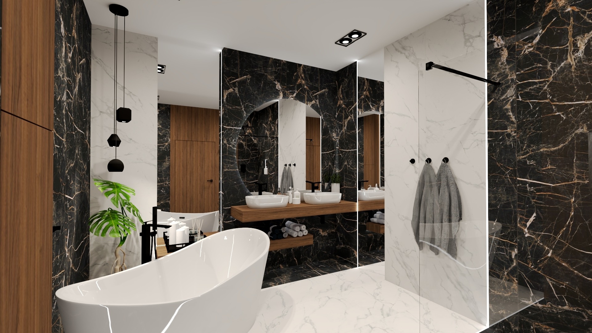 Elegancka łazienka z czarnymi marmurowymi ścianami, białą wolnostojącą wanną, drewnianą szafką pod umywalką z okrągłym lustrem podświetlanym LED, oraz szarymi ręcznikami na szklanej ściance...