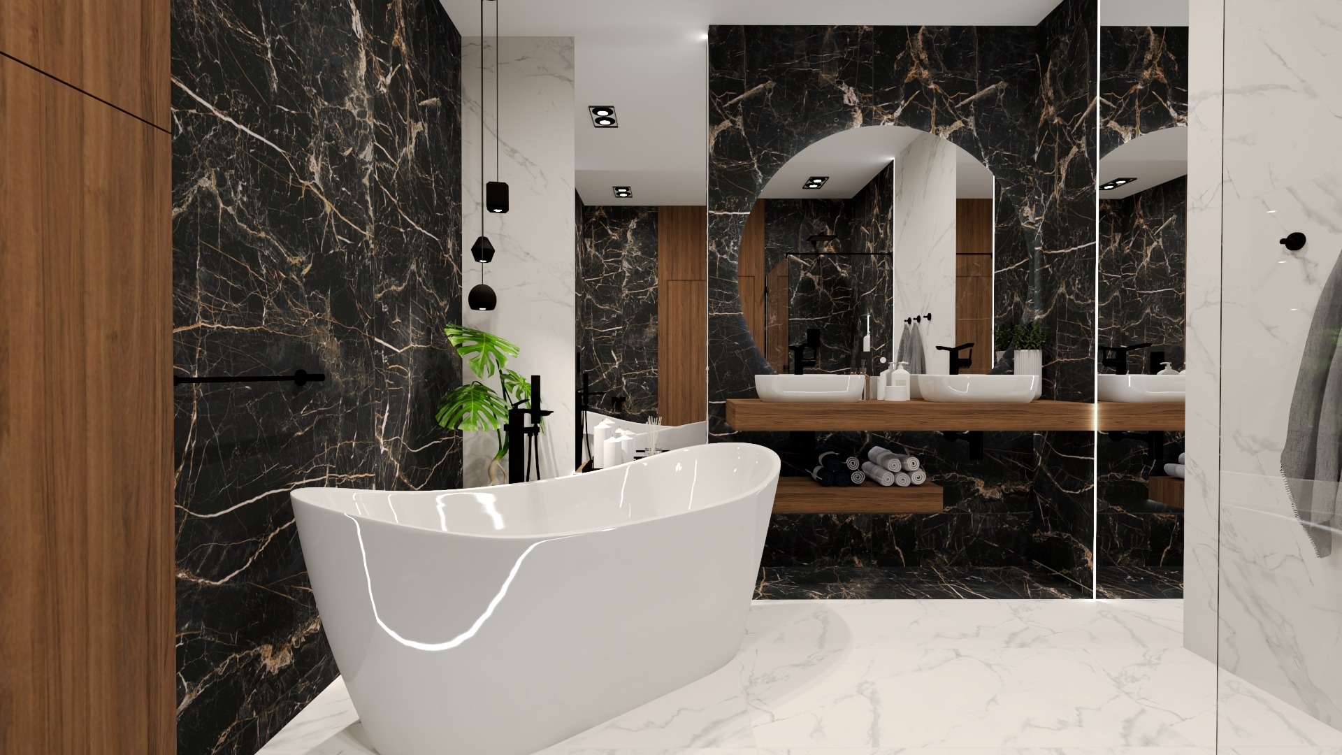 Elegancka łazienka z wolnostojącą białą wanną, czarnymi marmurowymi ścianami z złotymi żyłami, drewnianymi akcentami, podwójną umywalką nablatową i dekoracyjnym oświetleniem.