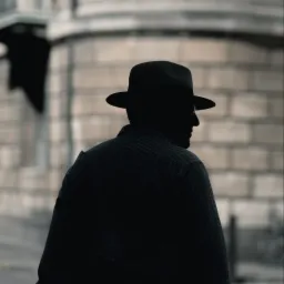 Sylwetka mężczyzny w kapeluszu i kraciastej koszuli na tle kamiennej fasady budynku.