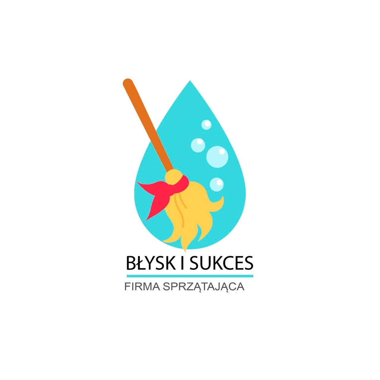 Ilustracja logo firmy sprzątającej 'Błysk i Sukces' z mopem w kropli wody, z napisem 'Firma Sprzątająca'.