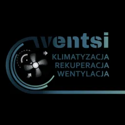 Logo firmy Ventsi z wentylatorem, przekładnią zębatą oraz tekstem: Klimatyzacja, Rekuperacja, Wentylacja, na czarnym tle.