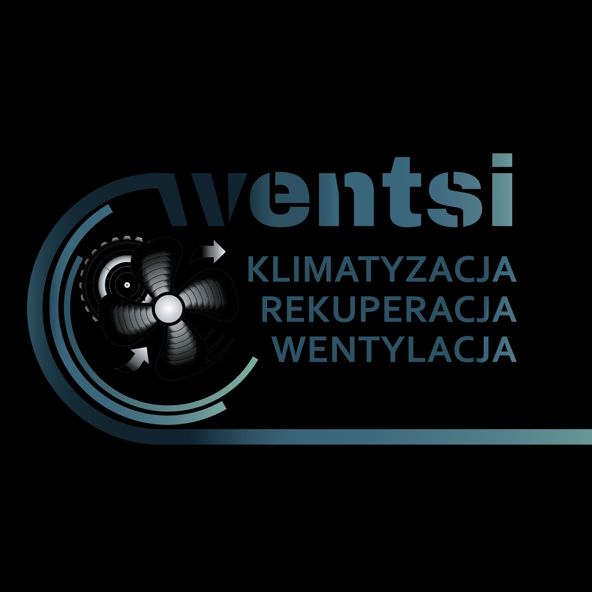 Logo firmy Ventsi z wentylatorem, przekładnią zębatą oraz tekstem: Klimatyzacja, Rekuperacja, Wentylacja, na czarnym tle.