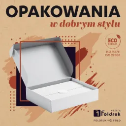 Grafika reklamowa przedstawiająca otwarte białe pudełko z tektury na beżowym tle z elementami graficznymi, logo 'Foldruk' i napisem 'OPAKOWANIA w dobrym stylu', a także informacją o certyfikatach...