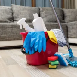 Czerwone wiadro z niebieskimi rękawicami, butelkami płynów, ściereczką i stosem kolorowych gąbek do czyszczenia podłóg, obok mop z niebieską końcówką, na panelach podłogowych, w tle szara kanapa.