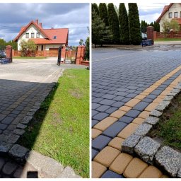 Cleanpark - Zdjęcie 'przed i po' prezentujące efekt umytej kostki brukowej na podjeździe. Po prawej stronie widoczny czysty fragment z wyraźnym kolorem, po lewej - zabrudzona kostka.