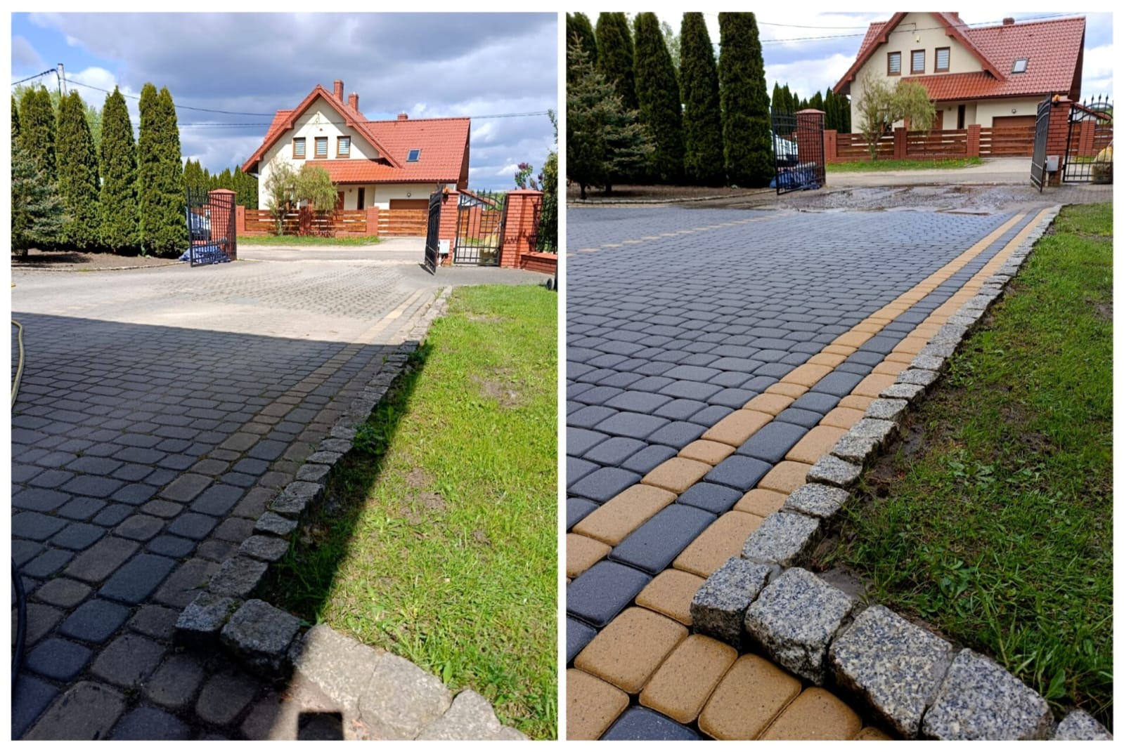 Zdjęcie 'przed i po' prezentujące efekt umytej kostki brukowej na podjeździe. Po prawej stronie widoczny czysty fragment z wyraźnym kolorem, po lewej - zabrudzona kostka.
