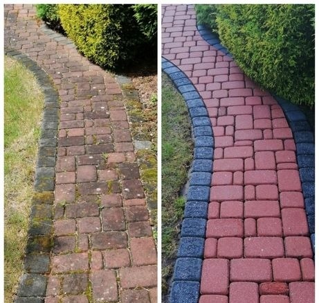 Porównanie stanu kostki brukowej przed i po czyszczeniu: po lewej stronie zaniedbana, pokryta mchem, po prawej odświeżona, z intensywnym czerwonym kolorem i wyraźnym obramowaniem.