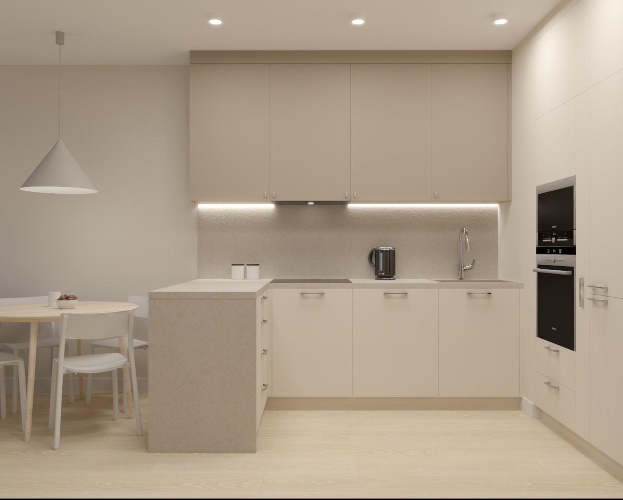 Jasna, beżowa kuchnia z nowoczesnym oświetleniem podszafkowym i okrągłym stołem z krzesłami. Minimalistyczny design w mieszkaniu w Poznaniu.