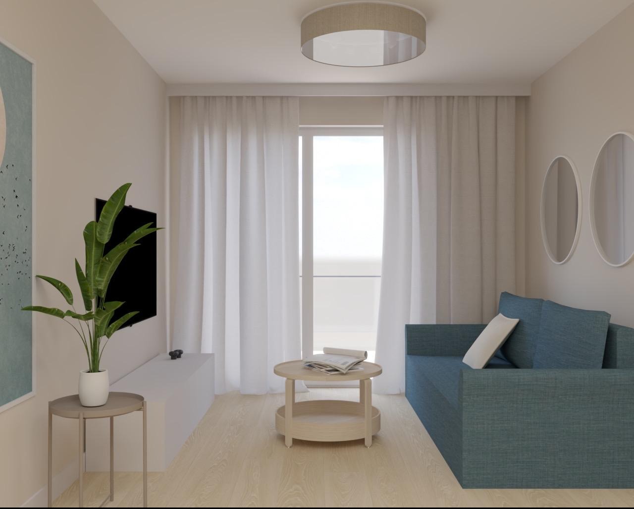 Jasne wnętrze pokoju dziennego z turkusową sofą, okrągłymi lustrami i rośliną doniczkową. Stonowana kolorystyka, minimalistyczny design i naturalne światło wpadające przez okno.