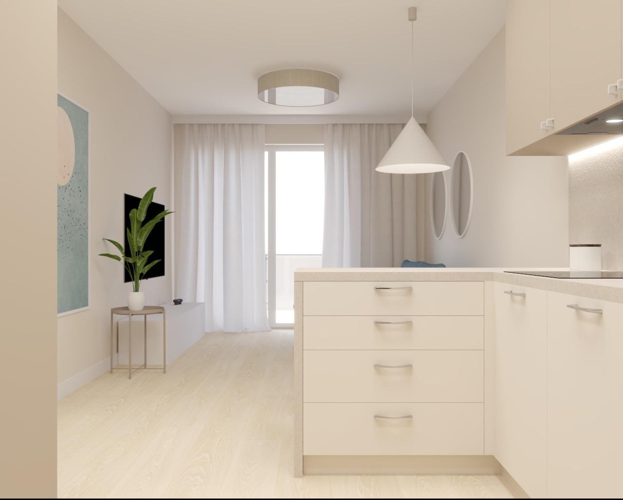 Jasne wnętrze mieszkania z aneksem kuchennym, drewnianą podłogą i białymi zasłonami. Minimalistyczny design z rośliną doniczkową i okrągłymi lustrami.