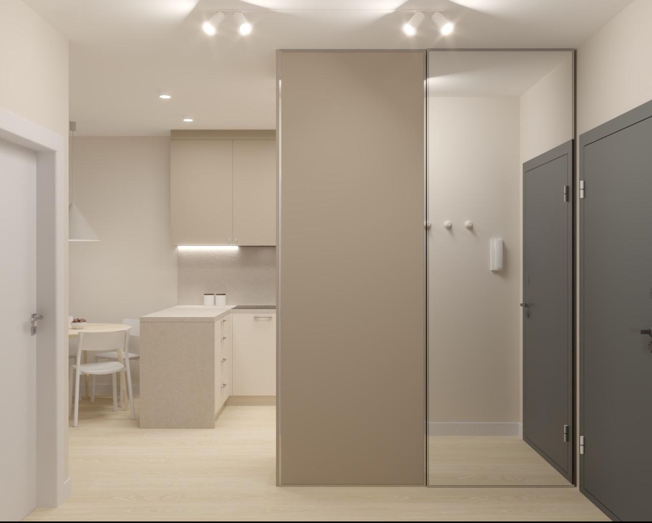 Minimalistyczne wnętrze: beżowa zabudowa kuchenna z oświetleniem LED, białe krzesła przy okrągłym stole i szara szafa w przedpokoju z lustrzanymi drzwiami.