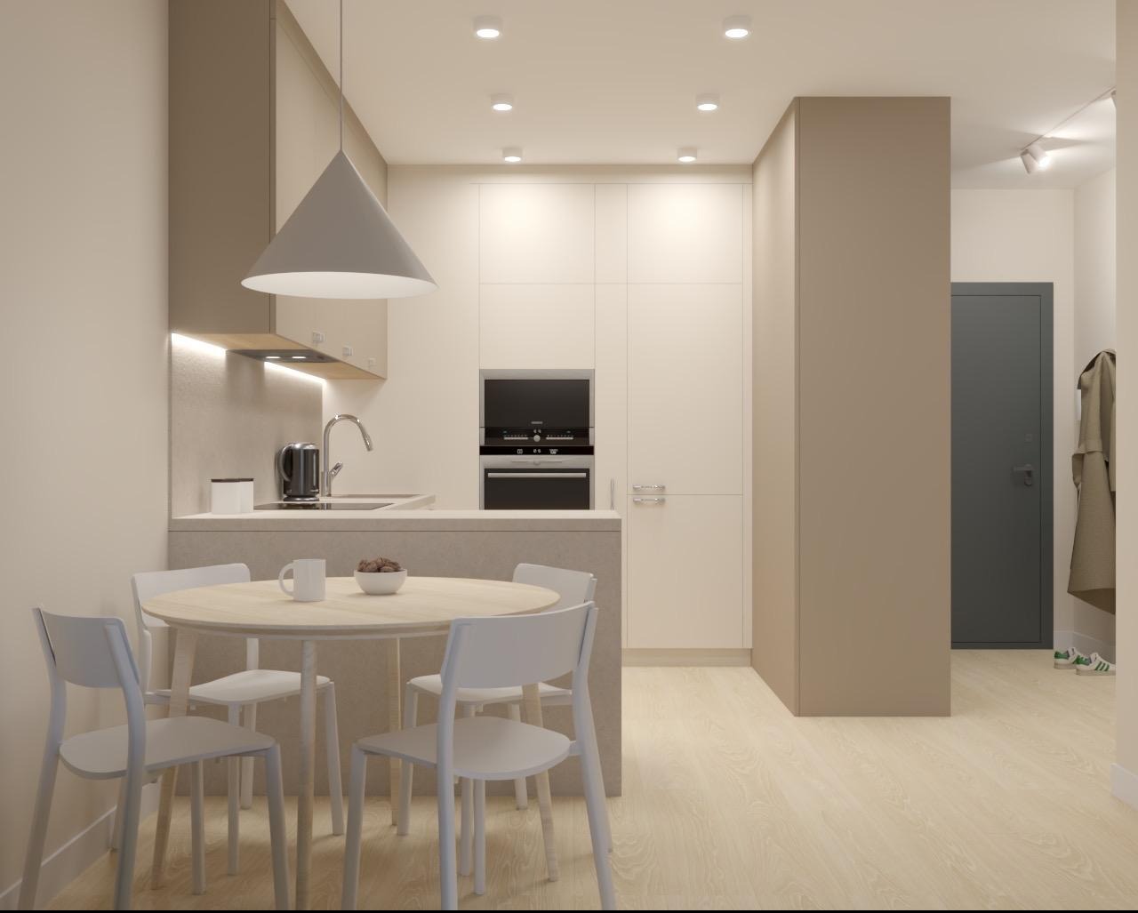 Jasna kuchnia z okrągłym stołem i czterema białymi krzesłami. Minimalistyczny design, neutralna kolorystyka, nowoczesne oświetlenie. Widok na przedpokój z szarą ścianą.