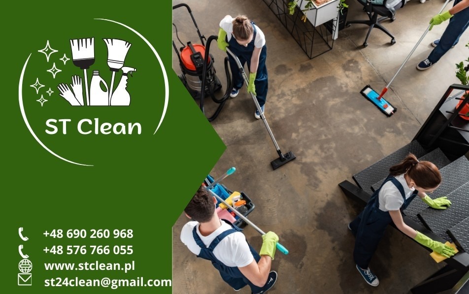 Kadrowane z góry ujęcie przedstawia zespół sprzątający biuro: kobieta odkurza podłogę przemysłowym odkurzaczem, inna czyści schody gąbką, a trzecia myje podłogę mopem. W lewym dolnym rogu widoczny...