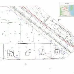 Mapa do celów projektowych przedstawiająca działki z naniesionymi budynkami, numerami działek i wysokościami, zawiera szkic orientacyjny i dane geodety uprawnionego.