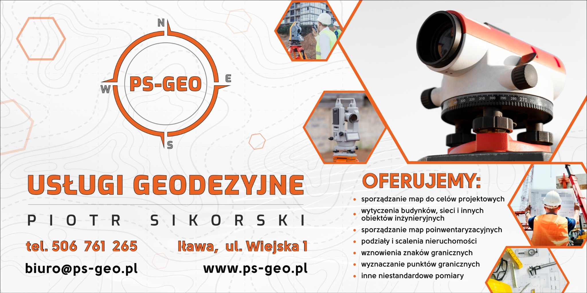 Grafika reklamowa firmy PS-GEO oferującej usługi geodezyjne, prezentująca kompas z nazwą firmy, zdjęcia instrumentów pomiarowych i geodety w trakcie pracy na budowie, oraz listę oferowanych usług...